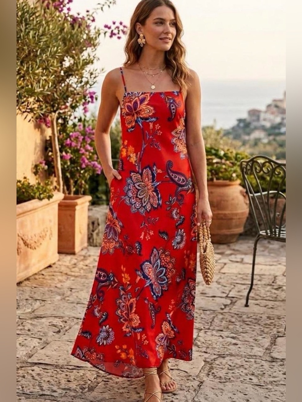 HOUSE OF HARLOW 1960 RED FLORAL SLIP MAXI DRESS WITH BLUE ACCENTS S NWT